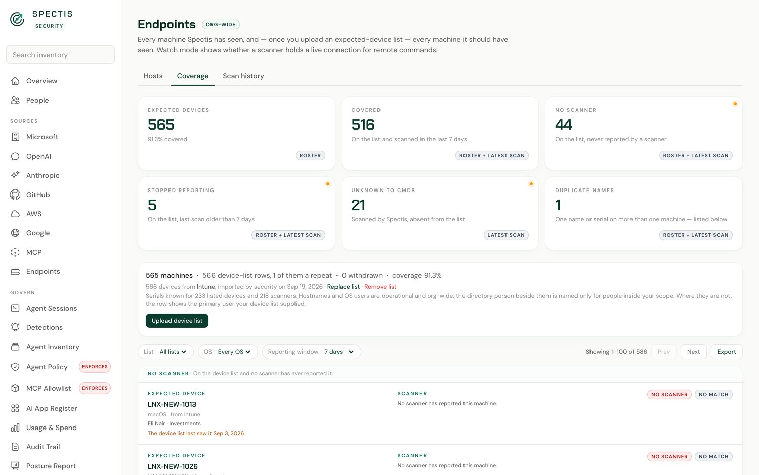 Spectis endpoint coverage reconciling an uploaded device list against machines that have reported.