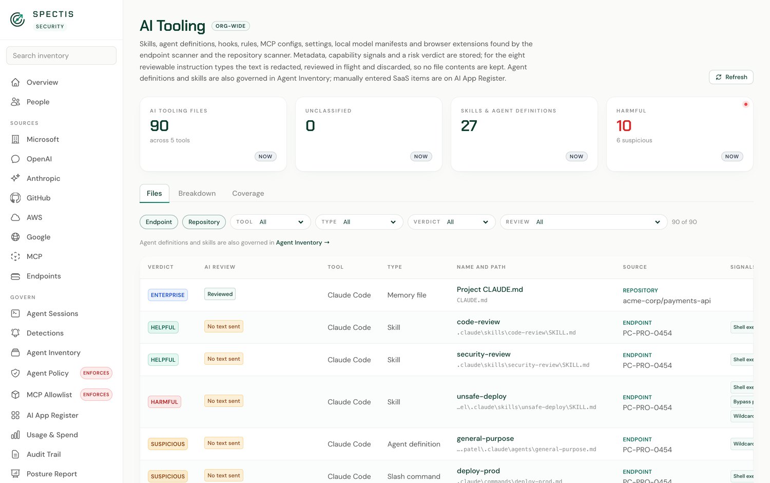 Spectis AI tooling view showing scanned instruction files with a verdict and rationale for each.